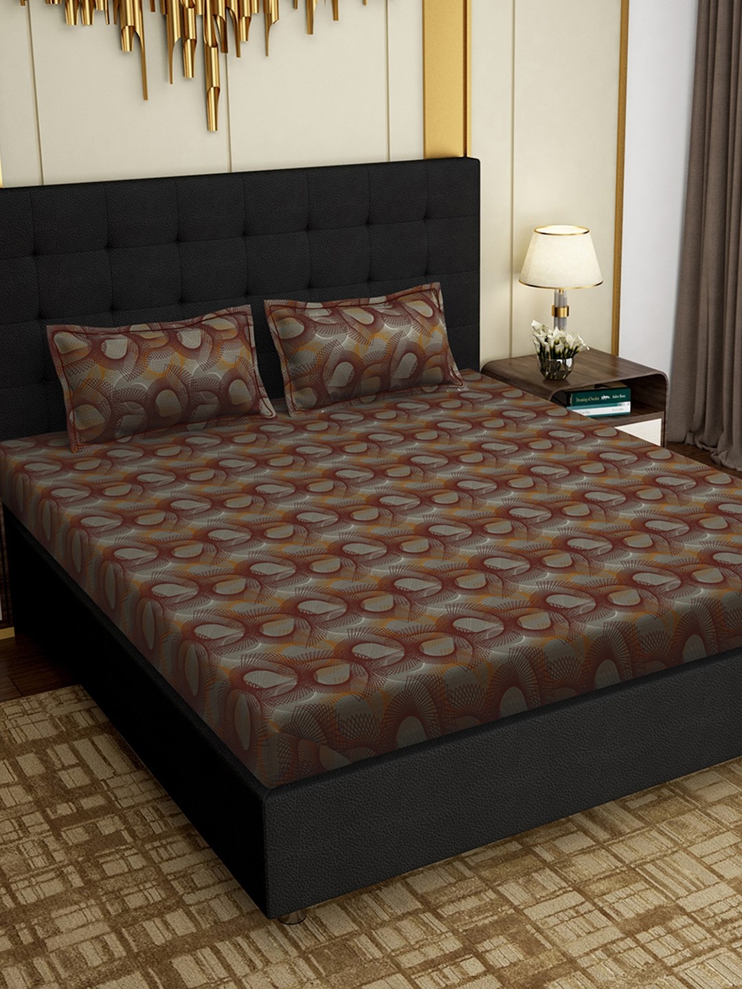 

PAVO Brown & Orange Geometric 300 TC Cotton 1 King Bedsheet with 2 Pillow Covers