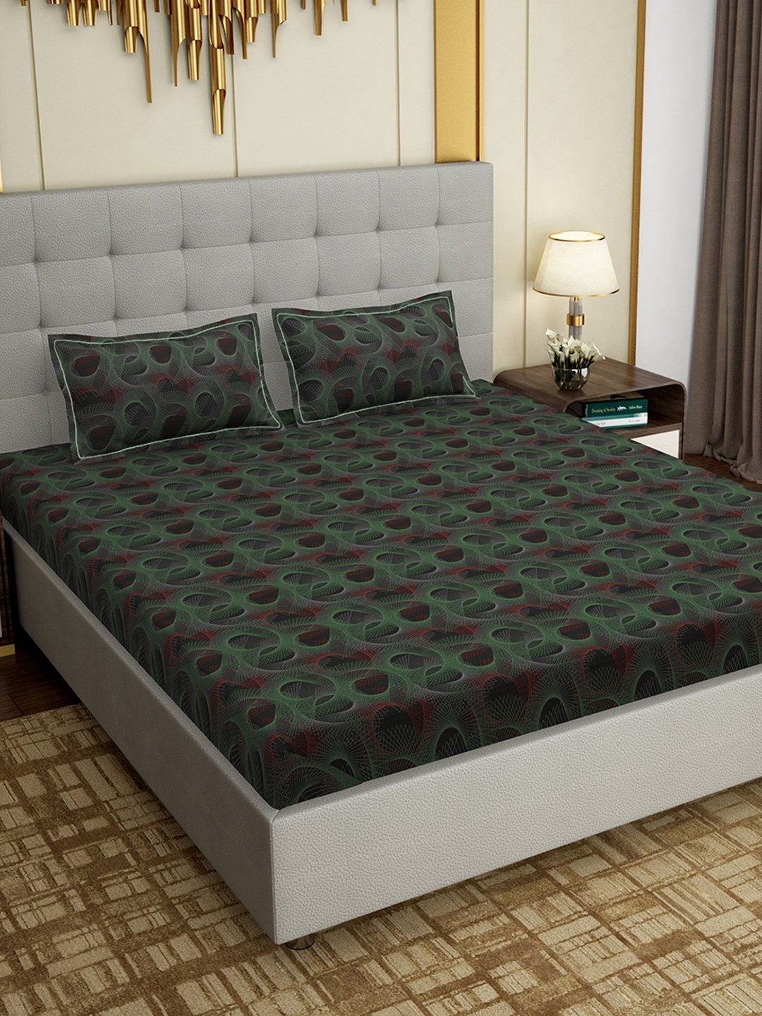 

PAVO Grey & Green Abstract 300 TC Cotton 1 King Bedsheet with 2 Pillow Covers