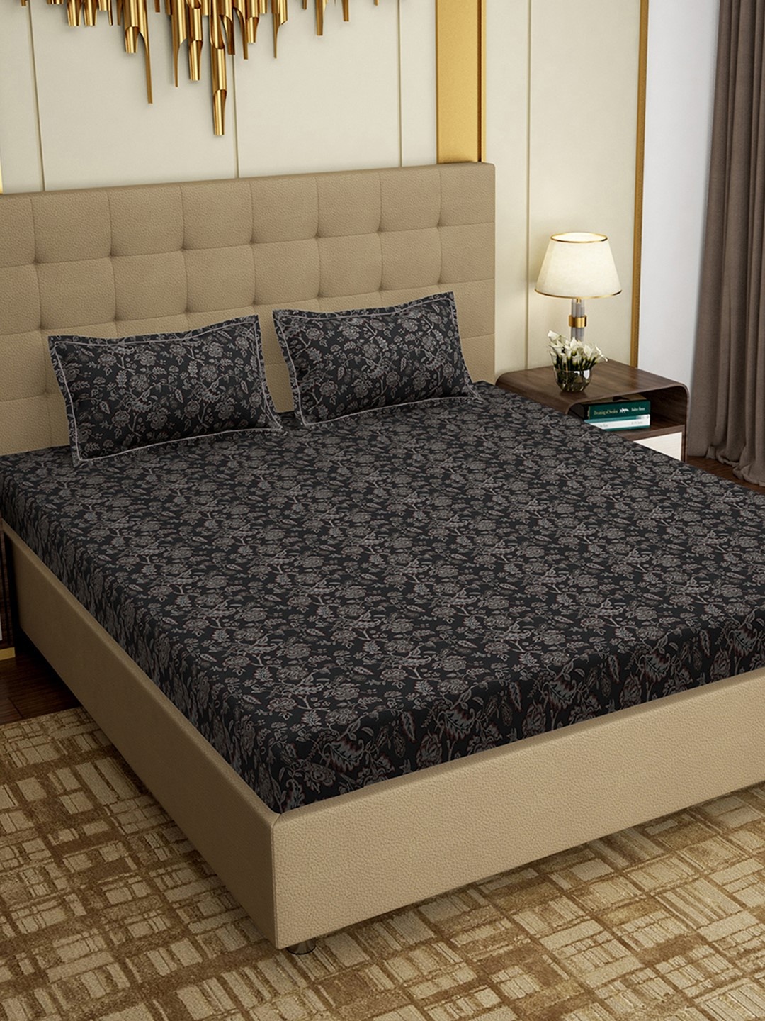 

PAVO Grey & Blue Floral 300 TC Cotton 1 King Bedsheet with 2 Pillow Covers