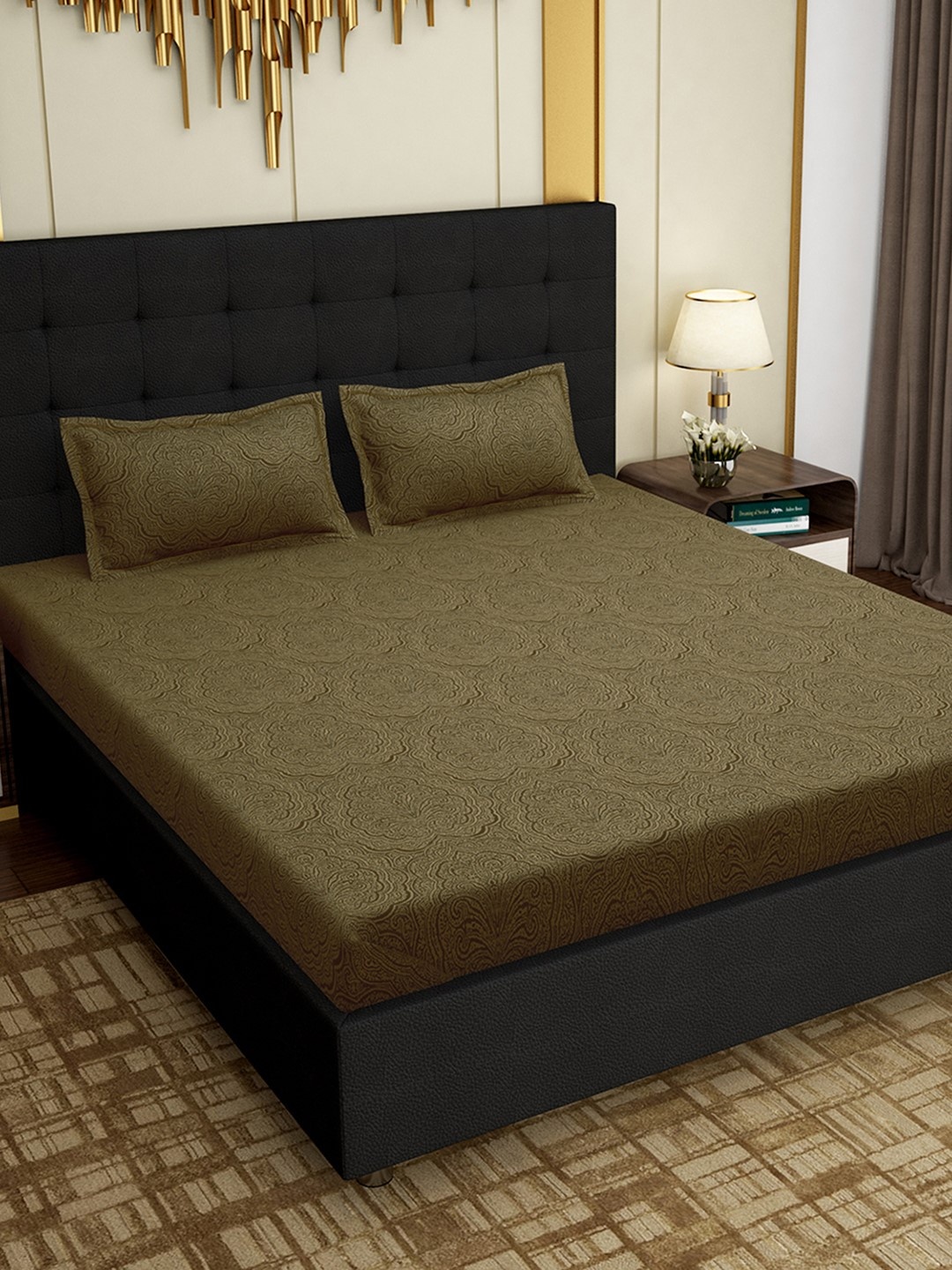 

PAVO Olive Green Ethnic Motifs 300 TC Cotton 1 King Bedsheet with 2 Pillow Covers
