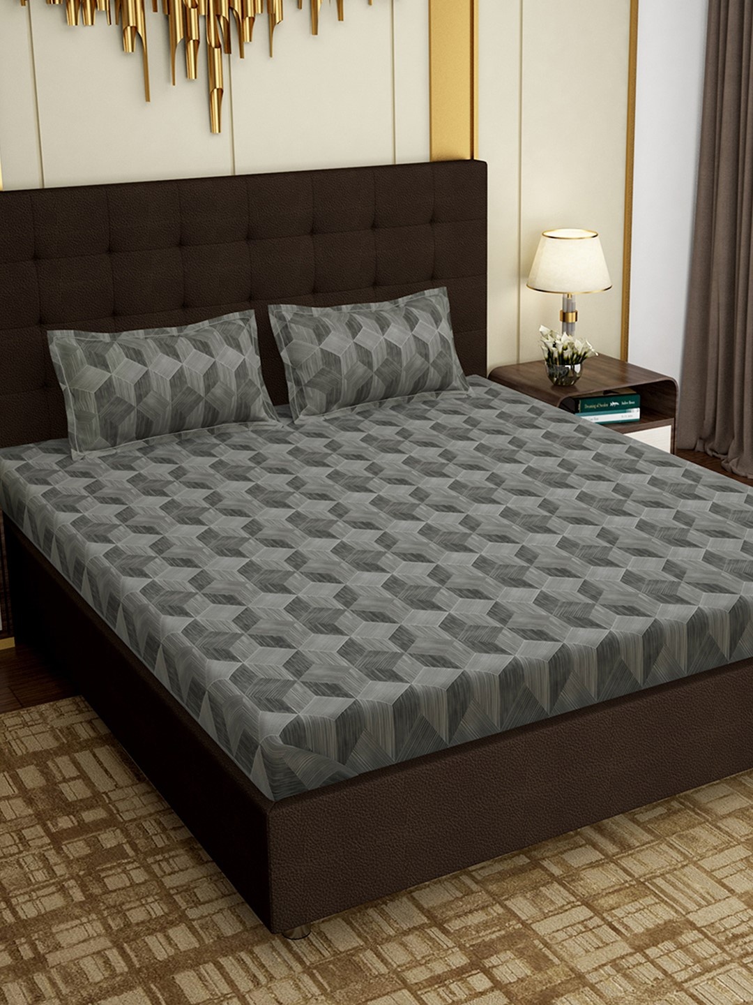 

PAVO Grey Abstract 300 TC Cotton 1 King Bedsheet with 2 Pillow Covers