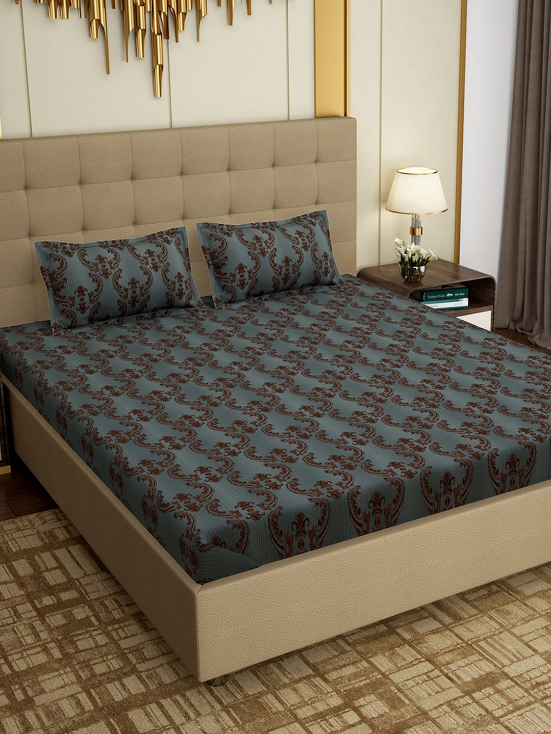 

PAVO Grey & Brown Ethnic Motifs 300 TC Cotton 1 King Bedsheet with 2 Pillow Covers