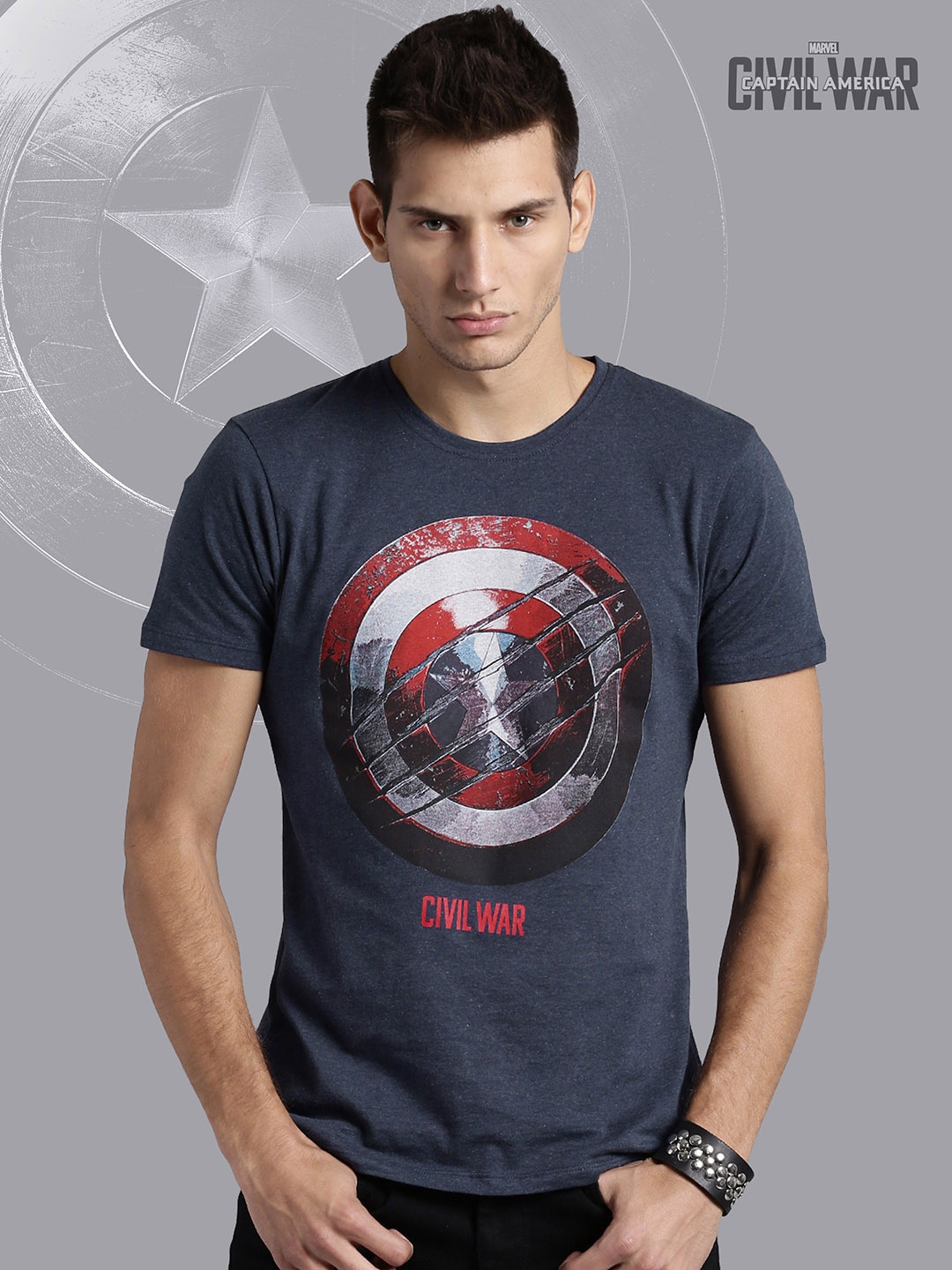 

Kook N Keech Marvel Blue Melange Civil War Print Longline Pure Cotton T-shirt