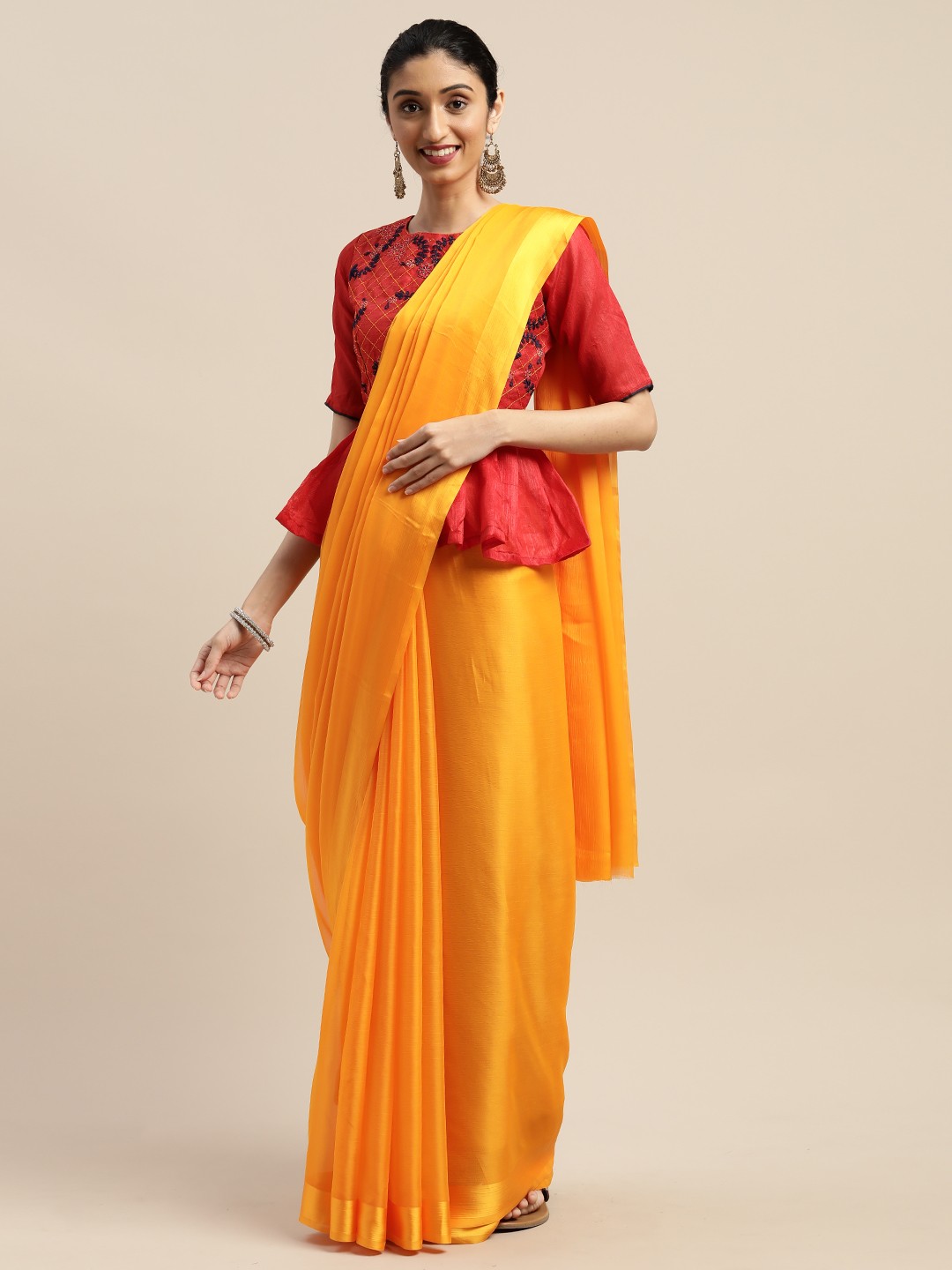 

SHAVYA Mustard Yellow Solid Pure Chiffon Satin Border Saree