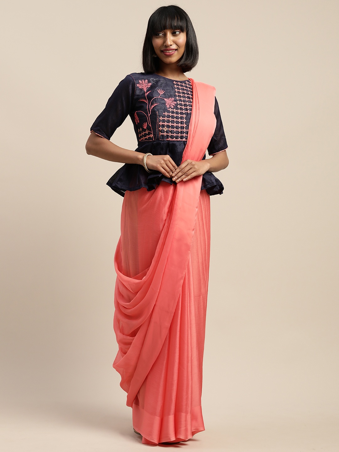 

SHAVYA Coral Solid Pure Chiffon Saree