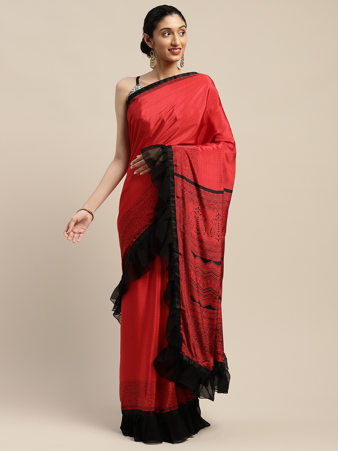 

SHAVYA Red & Black Silk Blend Woven Design Saree