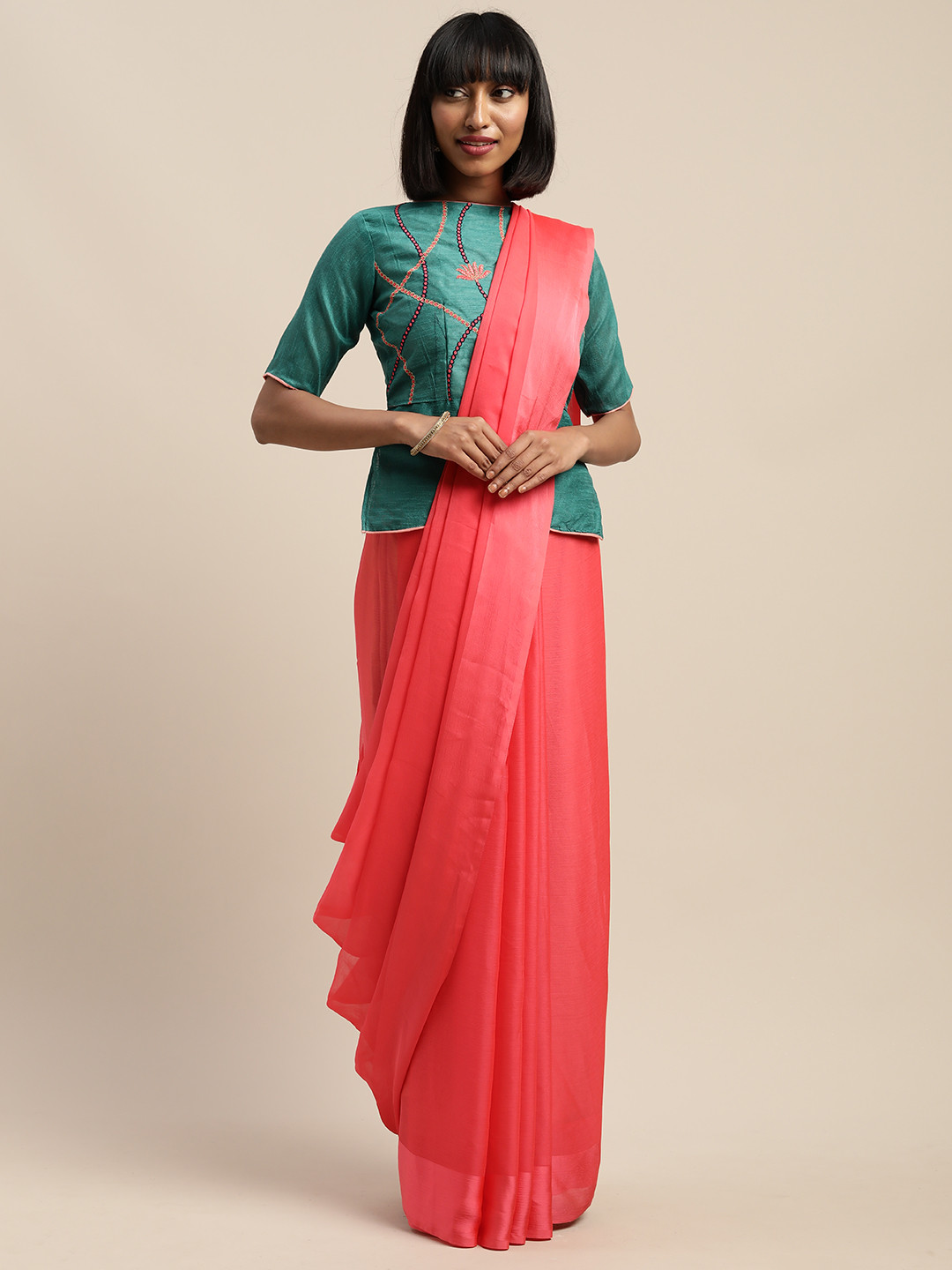 

SHAVYA Coral Pink Solid Pure Chiffon Saree