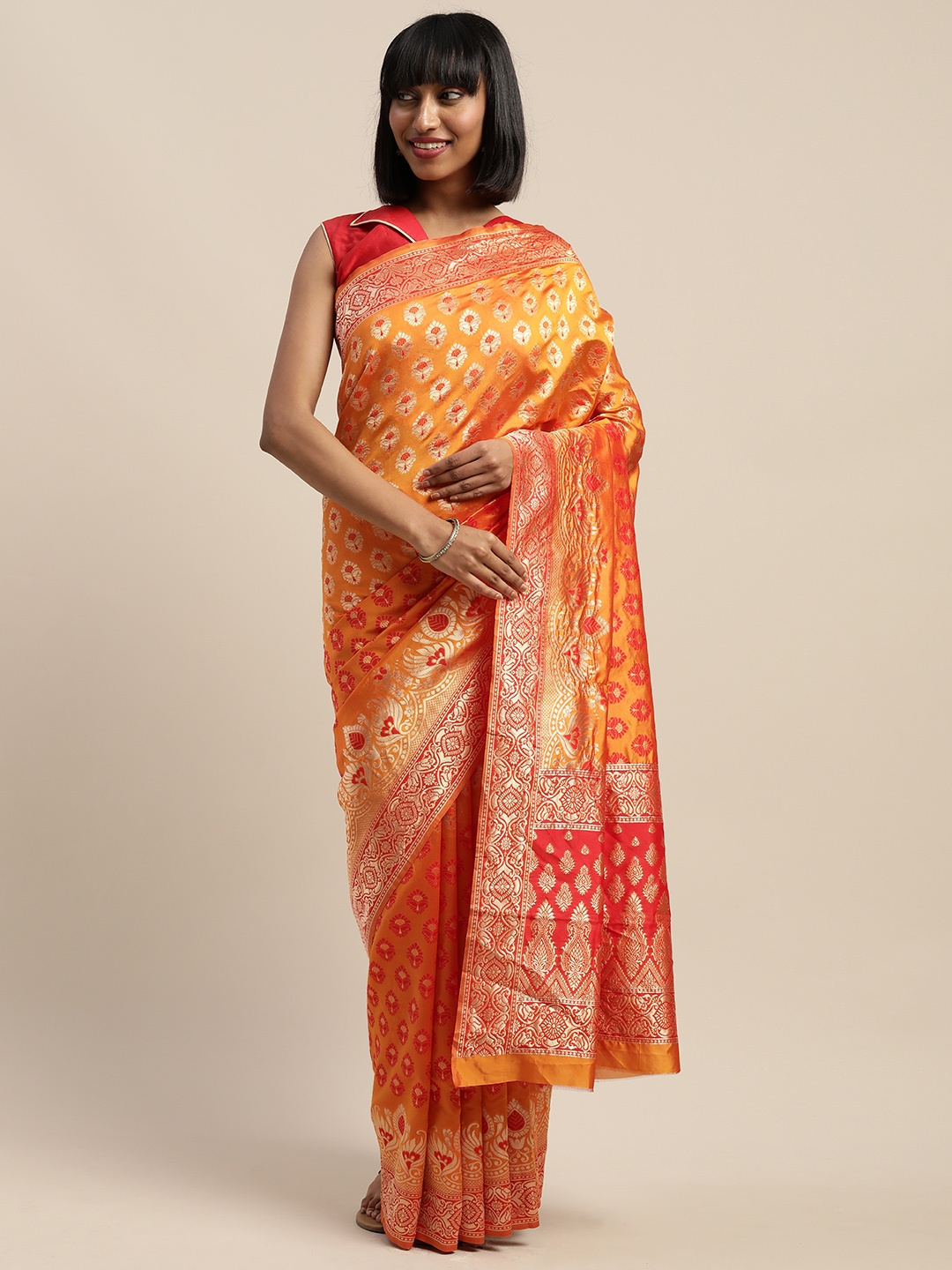 

SHAVYA Yellow & Gold-Toned Art Silk Woven Design Saree