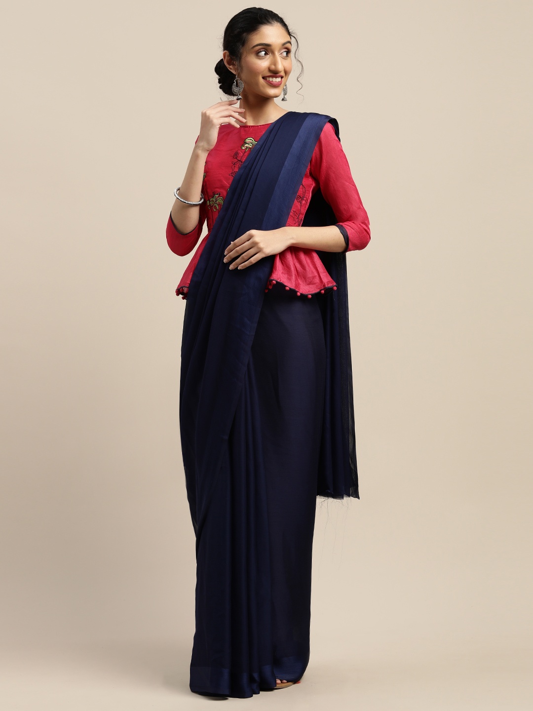 

SHAVYA Navy Blue Solid Pure Chiffon Satin Border With Embroidered Blouse Saree