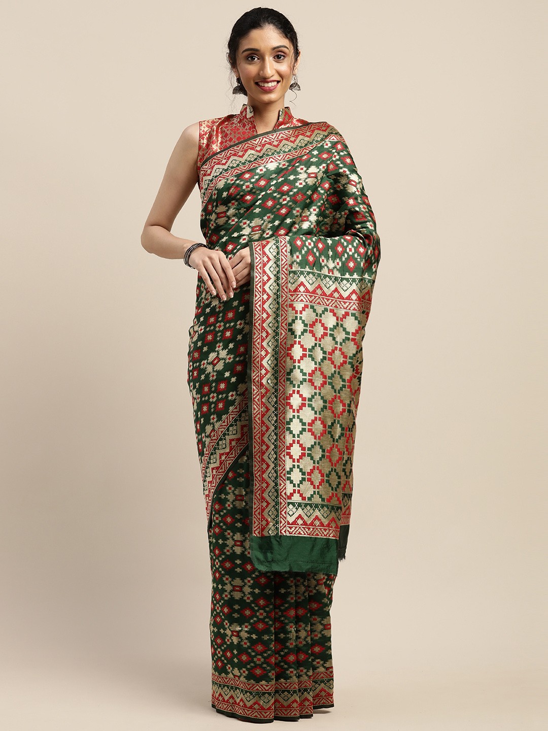 

SHAVYA Olive Green & Gold-Toned Silk Blend Woven Design Saree