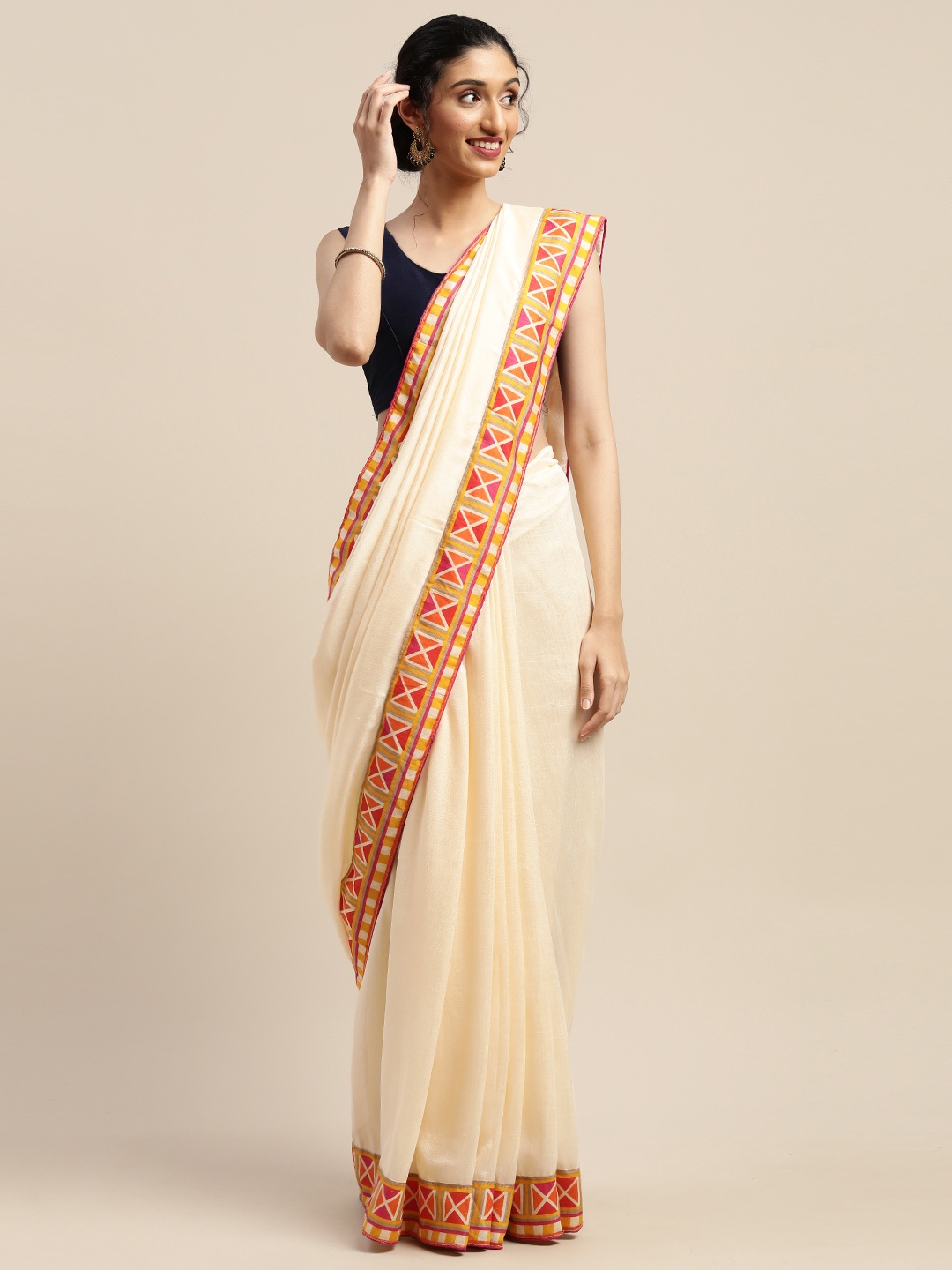 

SHAVYA Off-White & Yellow Silk Blend Solid Saree