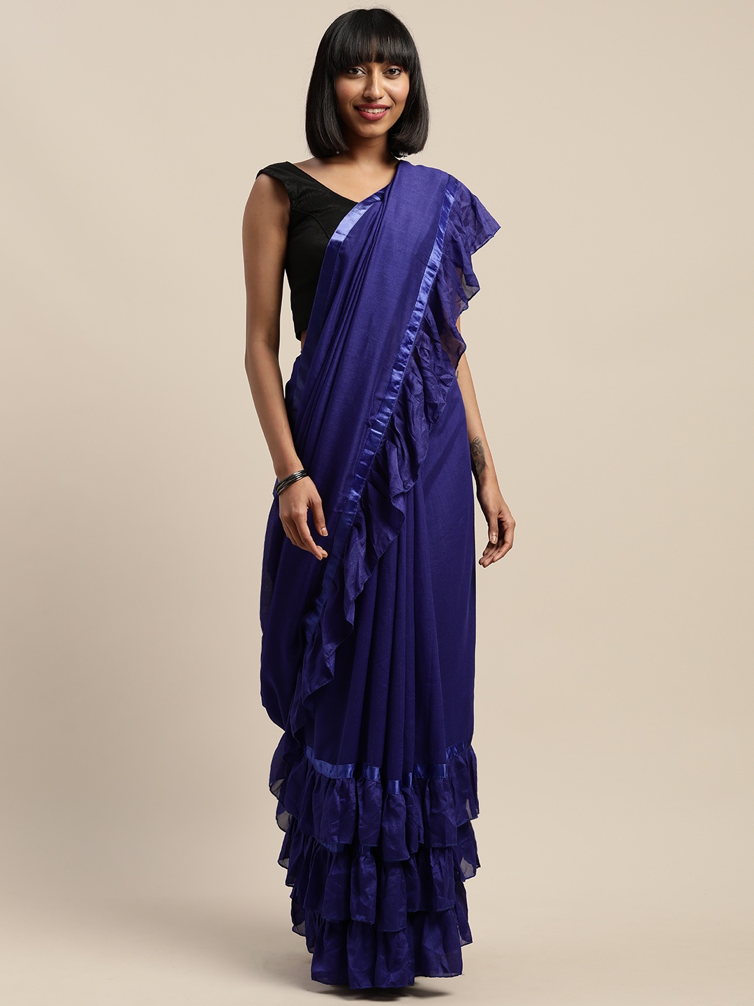 

SHAVYA Blue Solid Silk Blend Ruffled Border Saree