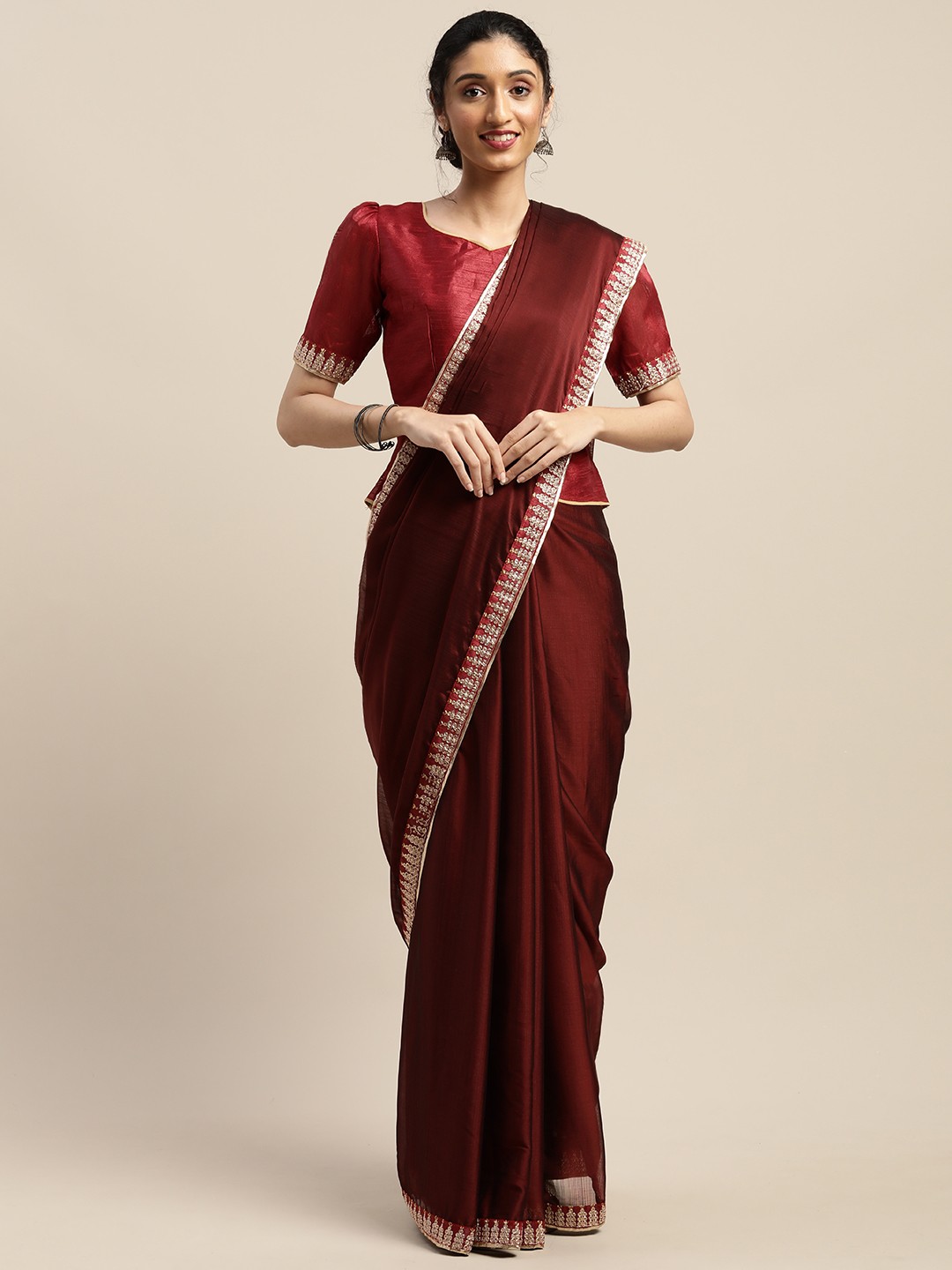 

SHAVYA Coffee Brown Solid Pure Chiffon Embroidered Border Saree