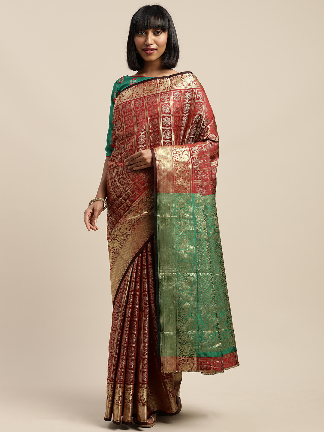 

SHAVYA Red Woven Design Silk Blend Saree