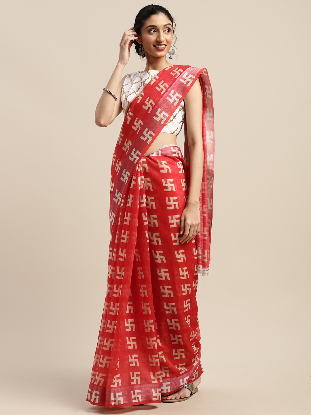 

SHAVYA Red & White Linen Blend Printed Saree