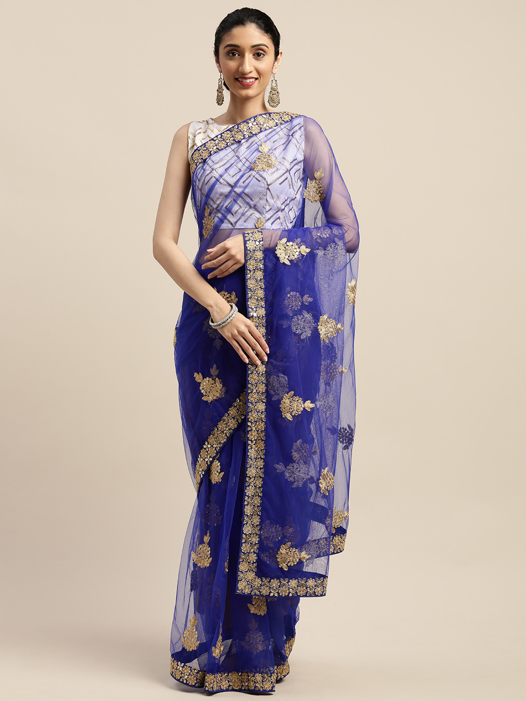 

SHAVYA Blue Embellished Supernet Saree