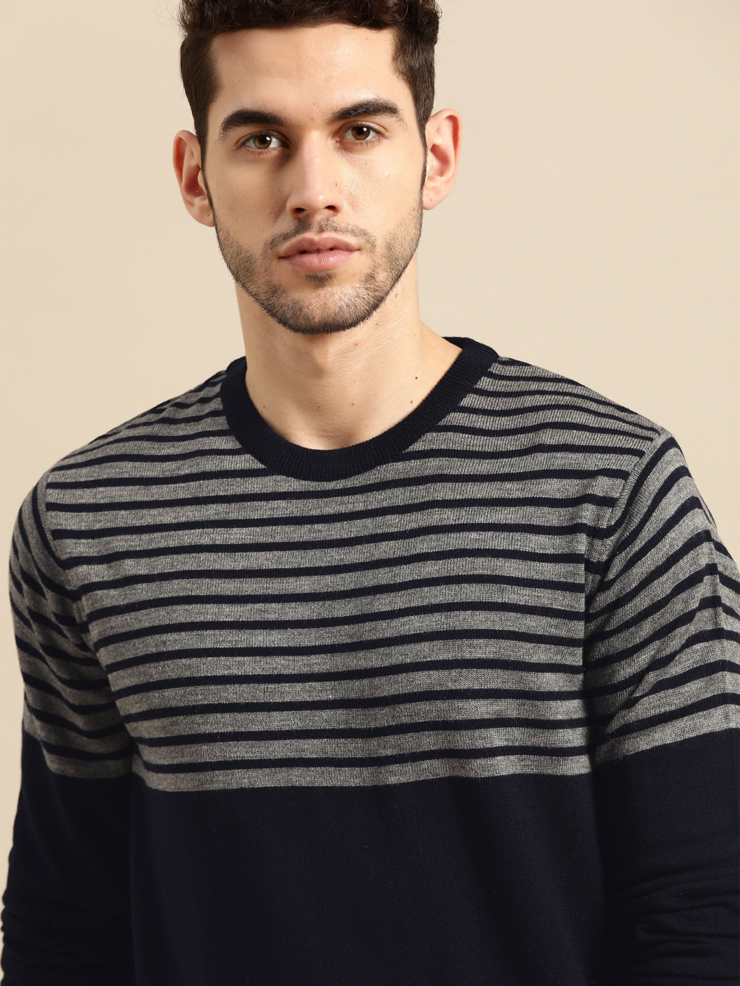 

ether Men Navy Blue & Grey Melange Striped Pullover Sweater