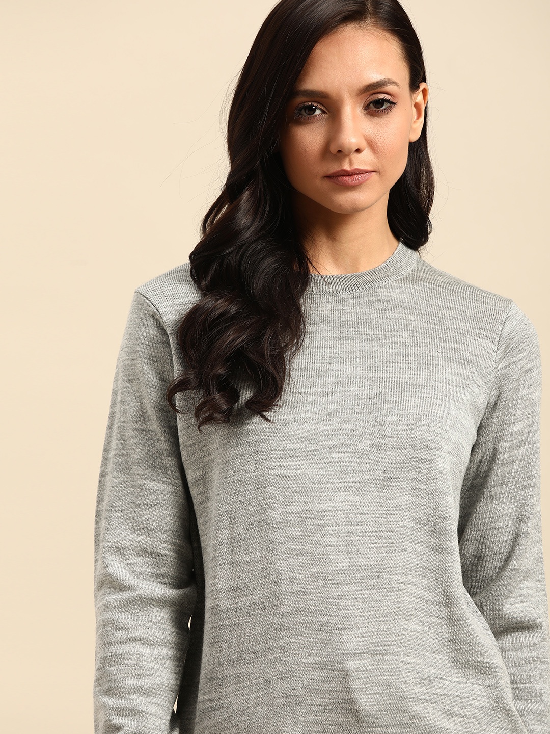 

ether Women Grey Melange Solid Acrylic Pullover Sweater