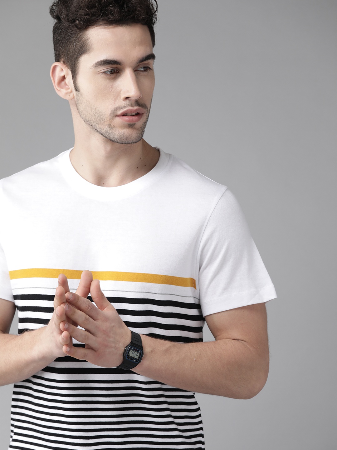 

Roadster Men White Black Pure Cotton Striped Round Neck Pure Cotton T-shirt