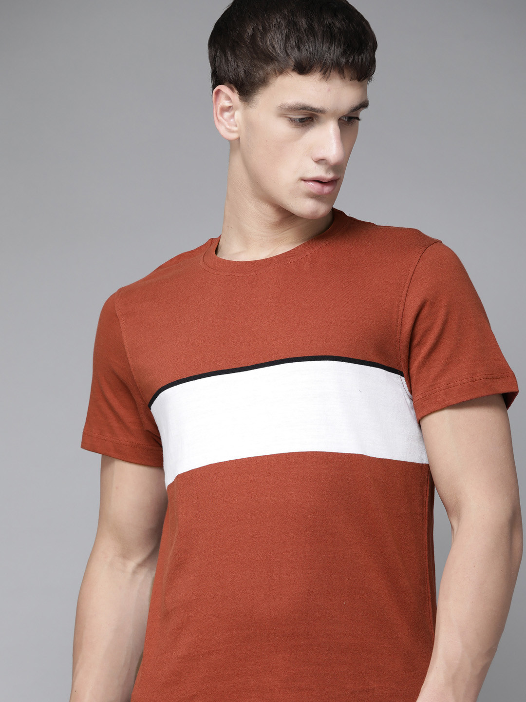 

Roadster Men Rust Red & White Colourblocked Pure Cotton Round Neck T-shirt