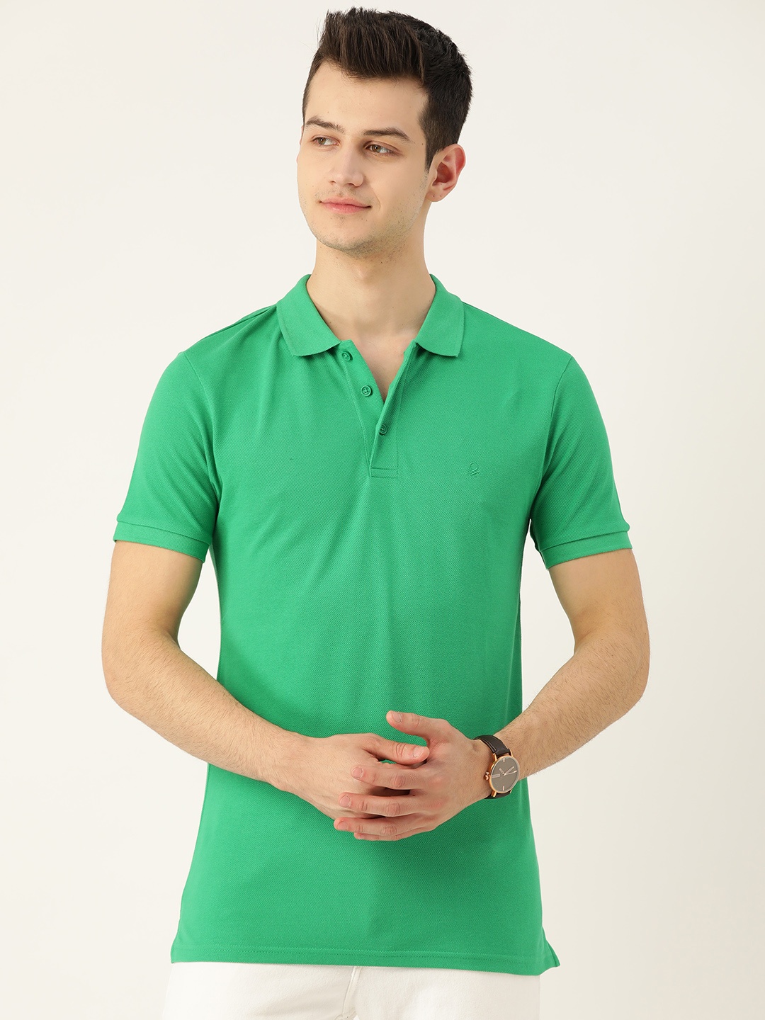 

United Colors of Benetton Men Green Solid Polo Collar T-shirt