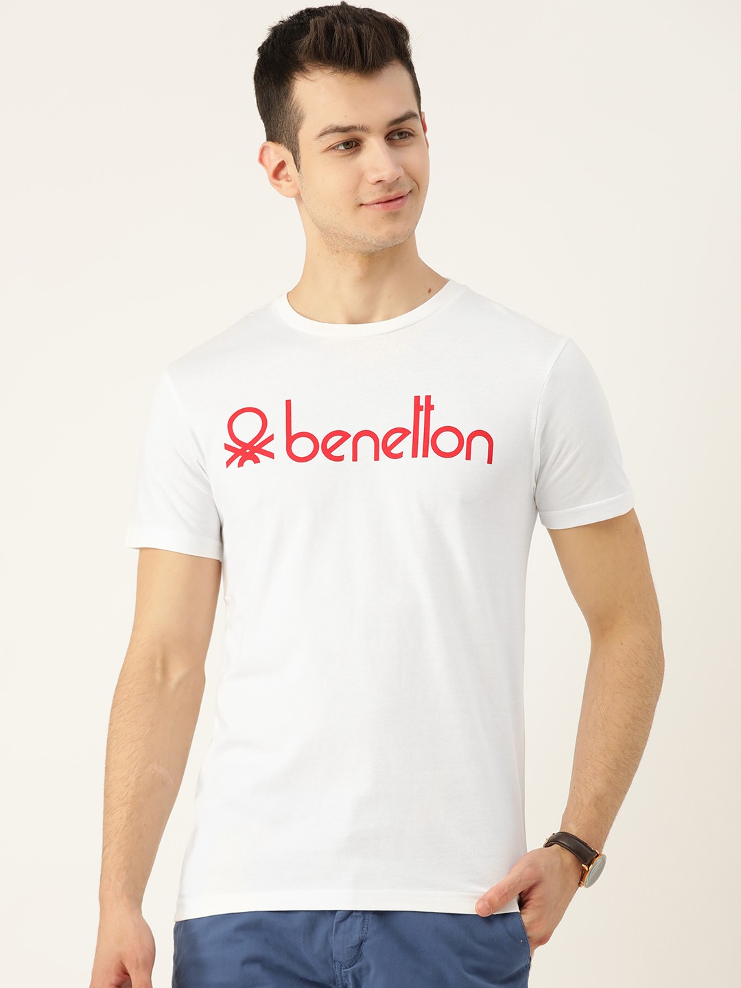 

United Colors of Benetton Men White & Red Brand Logo Print Round Neck T-shirt