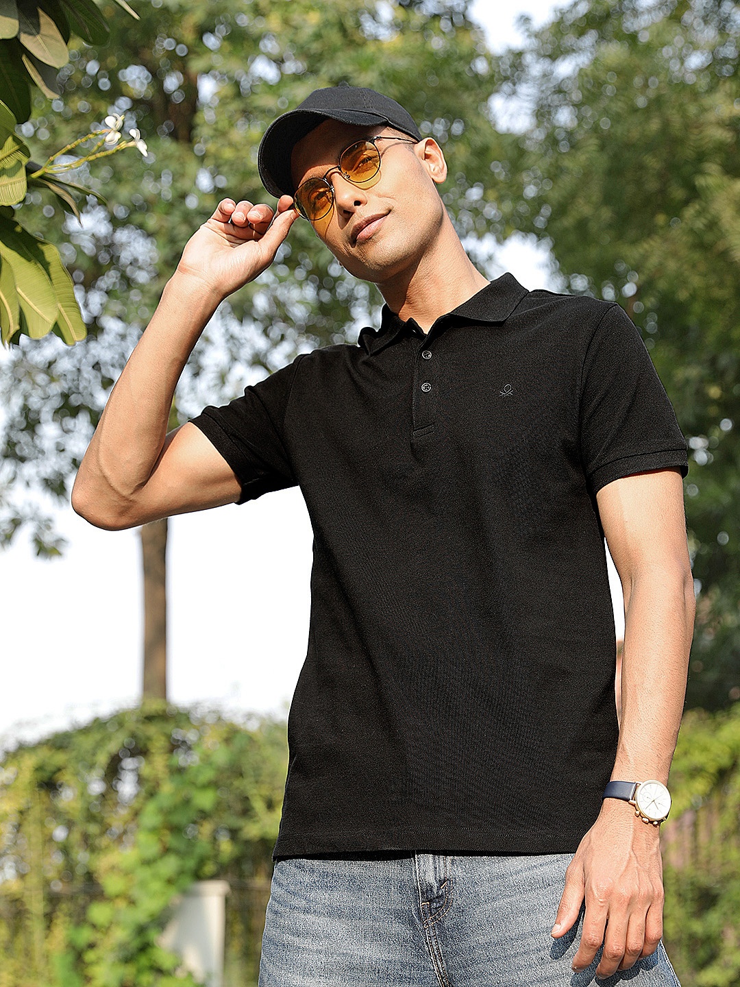 

United Colors of Benetton Men Black Solid Polo Collar T-shirt