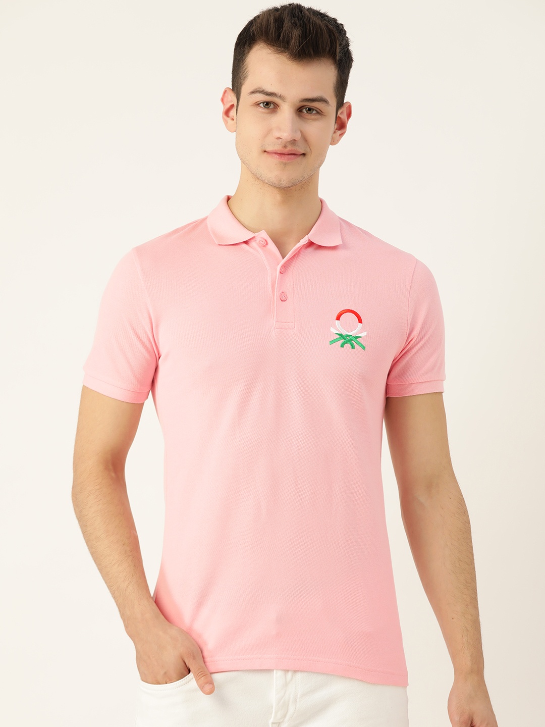 

United Colors of Benetton Men Pink Solid Polo Collar T-shirt