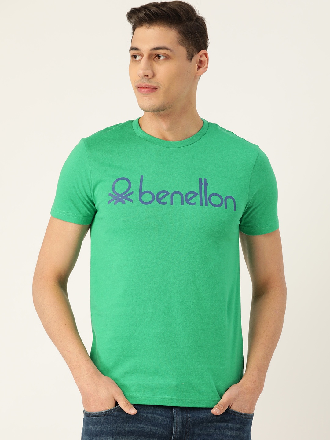 

United Colors of Benetton Men Green & Blue Slim Fit Brand Logo Printed Round Neck T-shirt