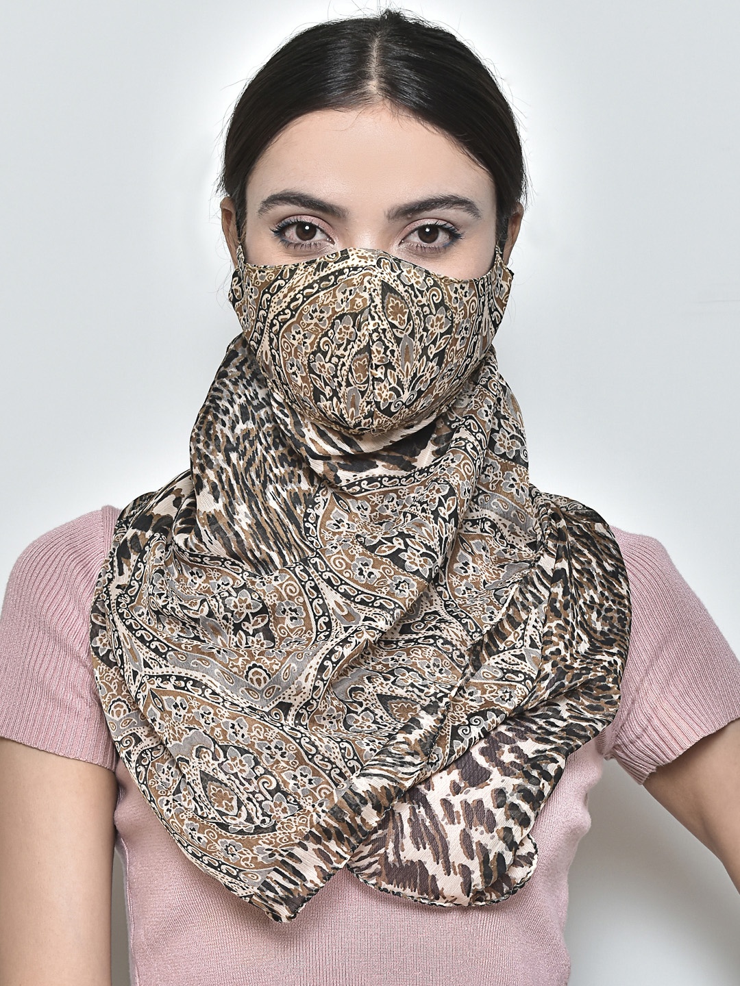 

SWAYAM Women Brown & Beige Printed 3-Ply Reusable Adjustable Face Mask With Scarf