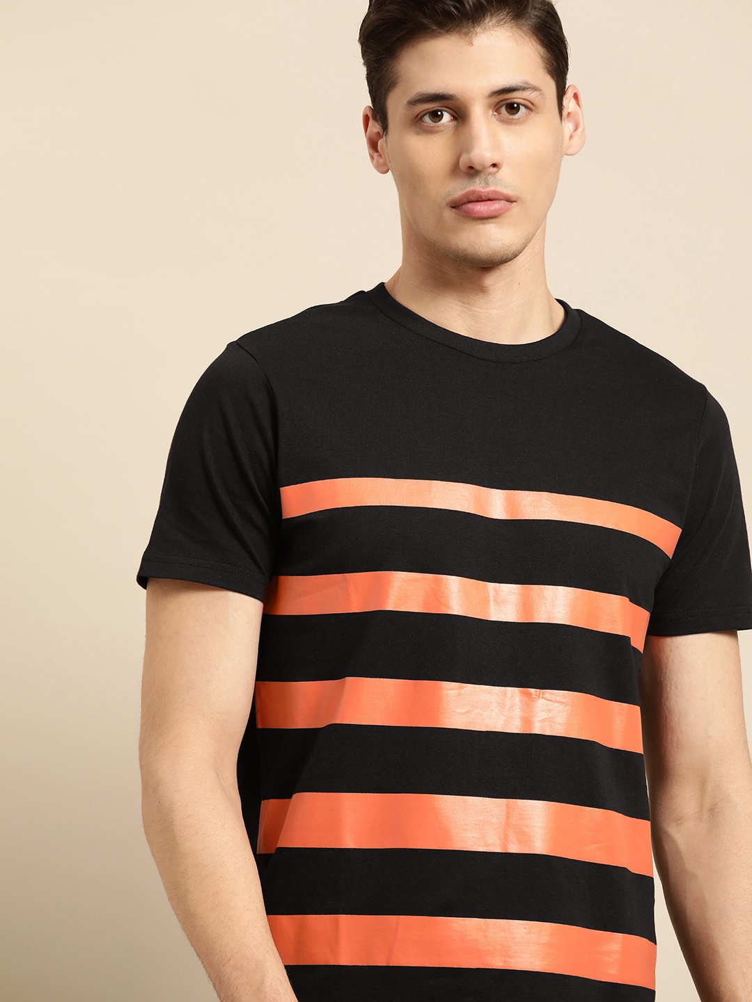 

ether Men Black & Orange Striped Pure Cotton Round Neck T-shirt