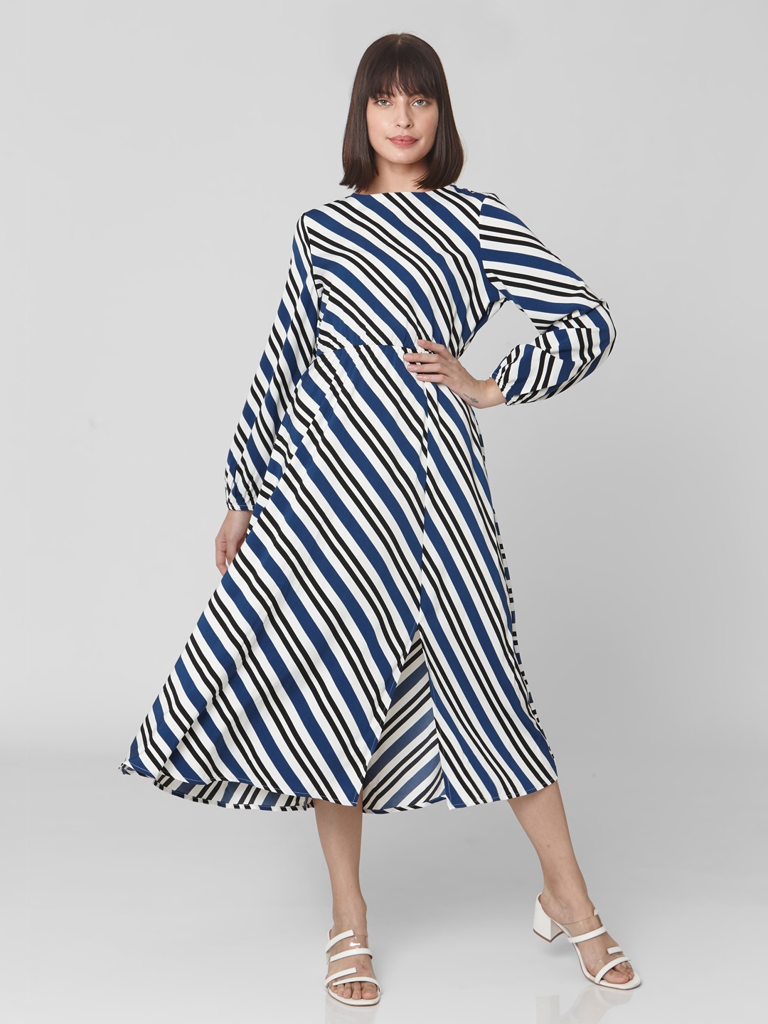 

Vero Moda Women White & Navy Blue Striped A-Line Dress