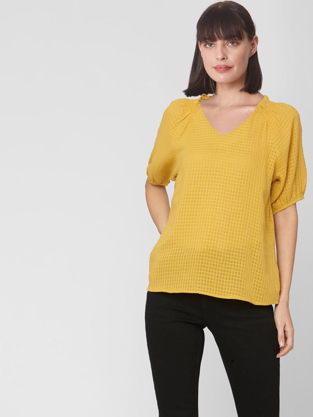 

Vero Moda Women Mustard Yellow Pure Cotton Self-Checked Top
