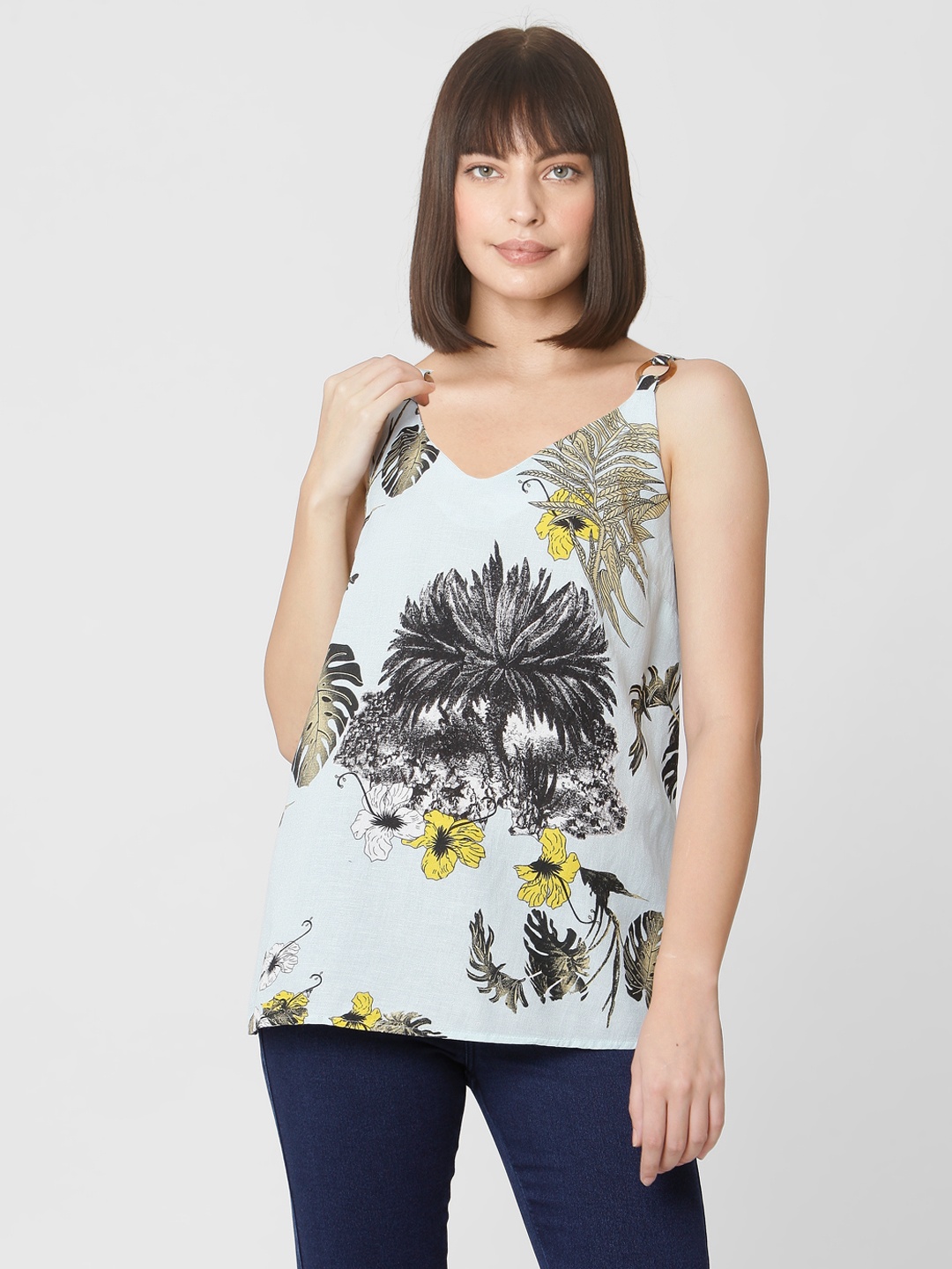 

Vero Moda Women Blue & Green Tropical Print Top