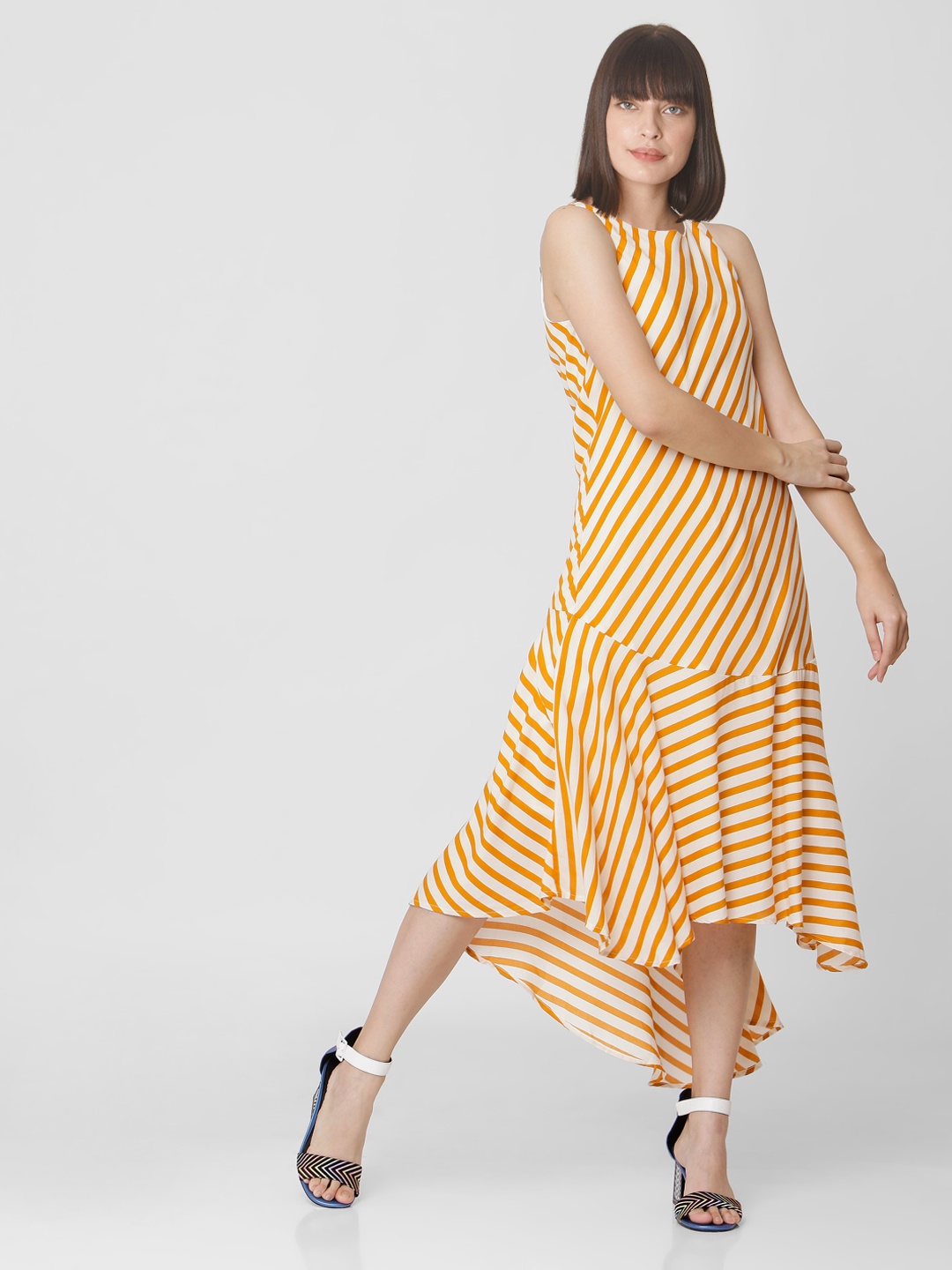 

Vero Moda Women White & Mustard Yellow Striped A-Line Dress