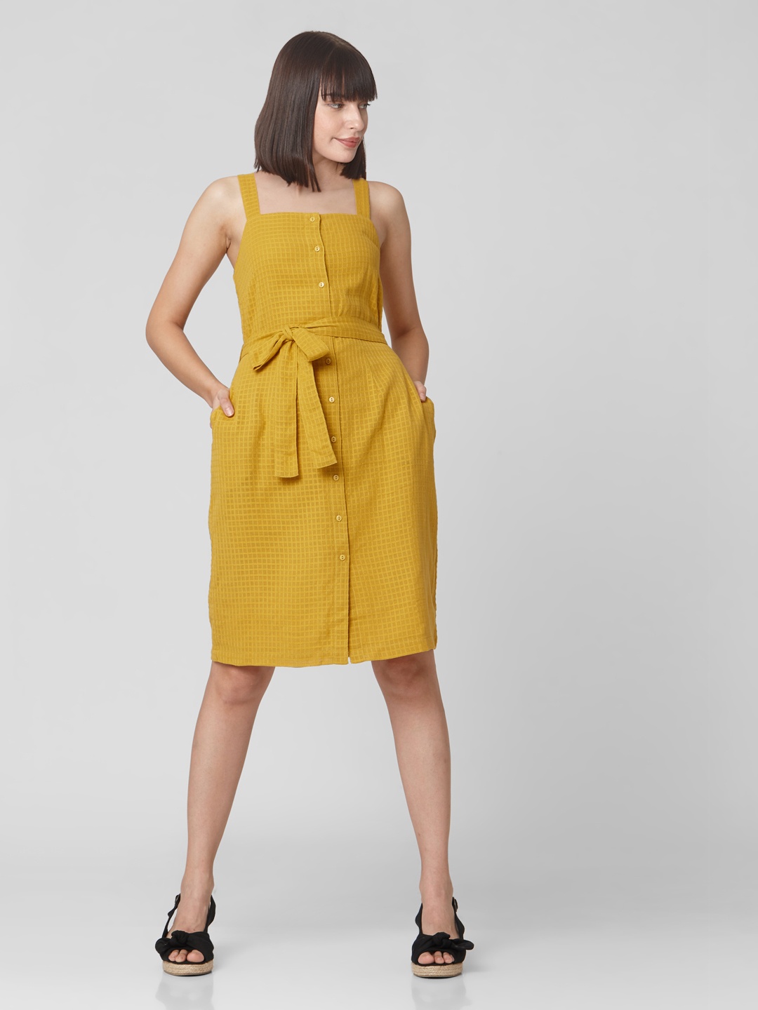 

Vero Moda Women Yellow Pure Cotton Self-Checked A-Line Dress