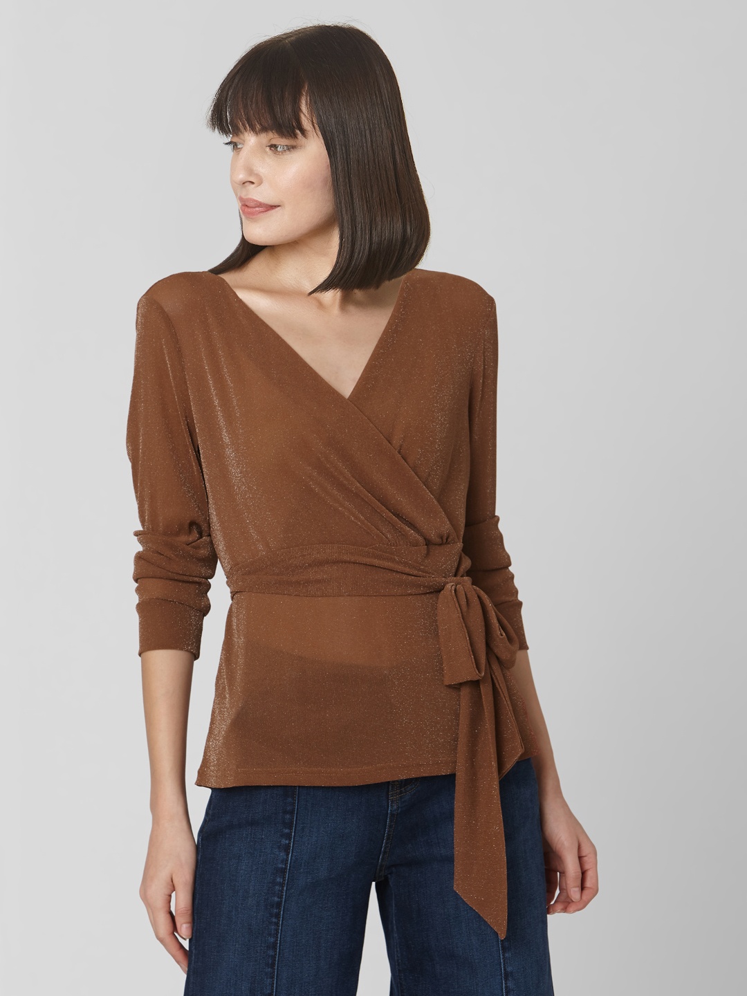 

Vero Moda Women Brown Solid with Shimmer Detail Semi-Sheer Wrap Top