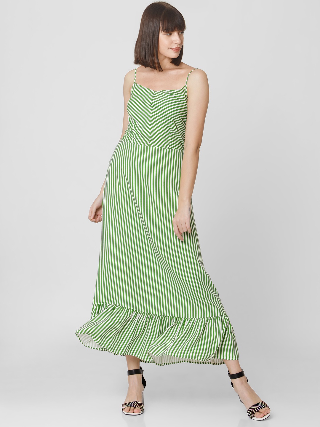

Vero Moda Women Green & White Striped Smocked Maxi Dress