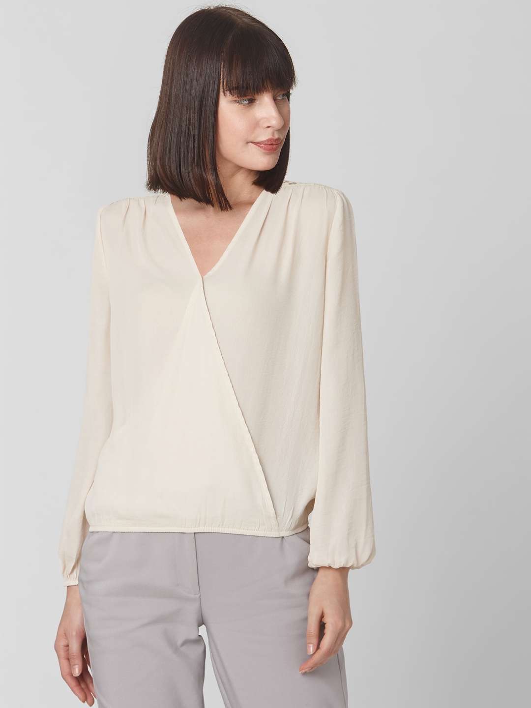 

Vero Moda Women Cream-Coloured Solid Semi-Sheer Wrap Top