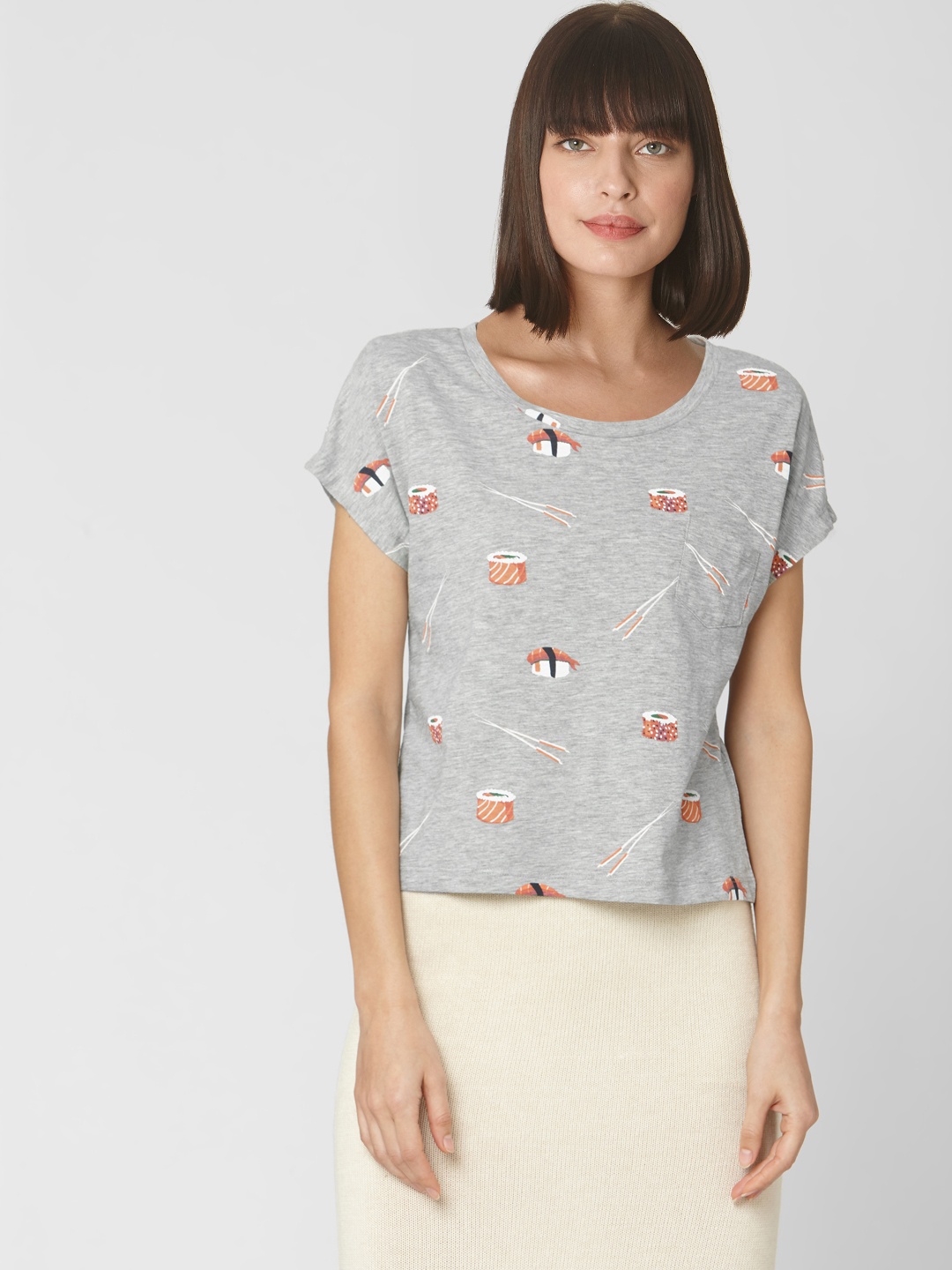 

Vero Moda Women Grey Melange Printed Round Neck T-shirt