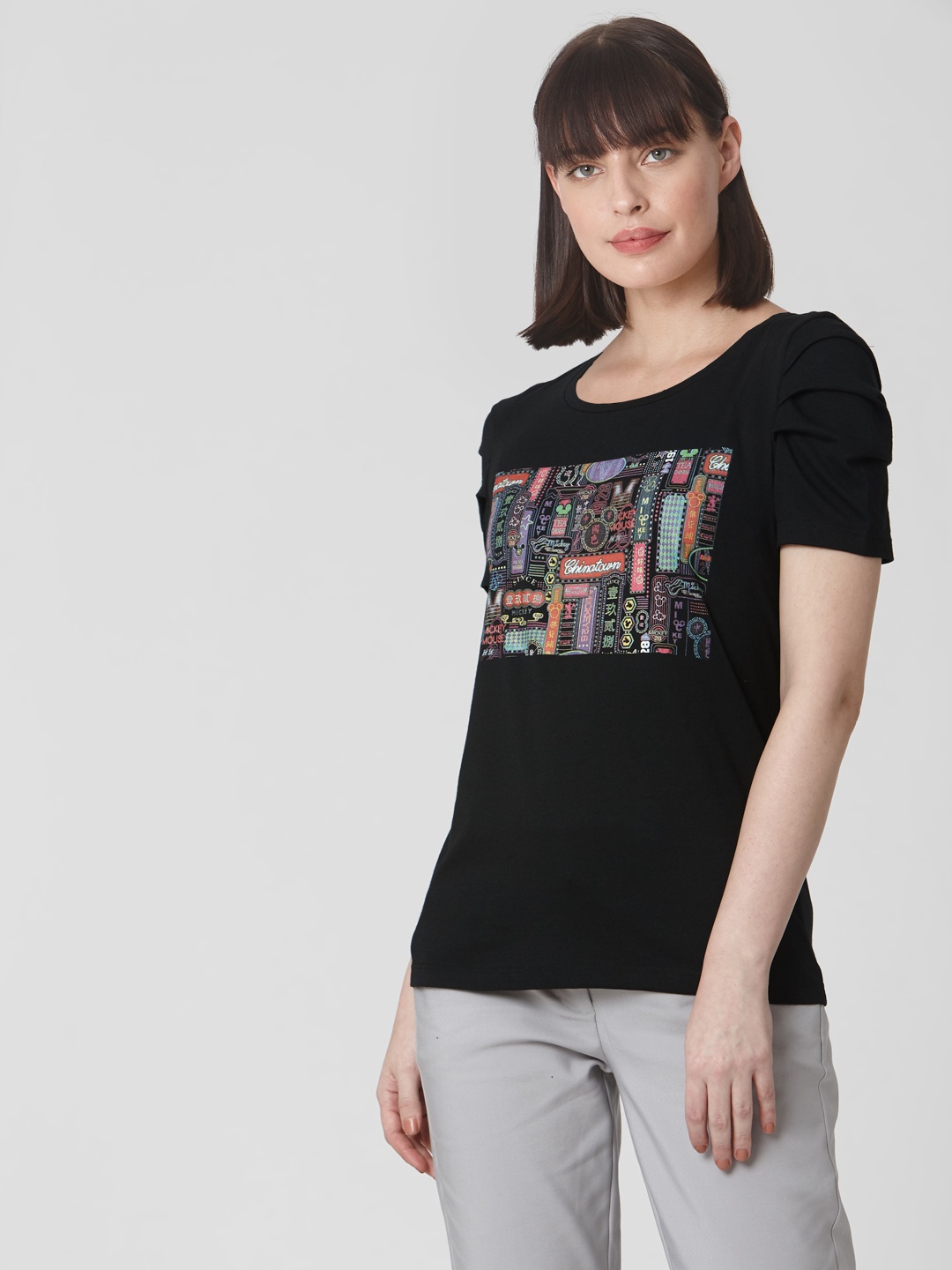 

Vero Moda Women Black Mickey Mouse Printed Round Neck T-shirt