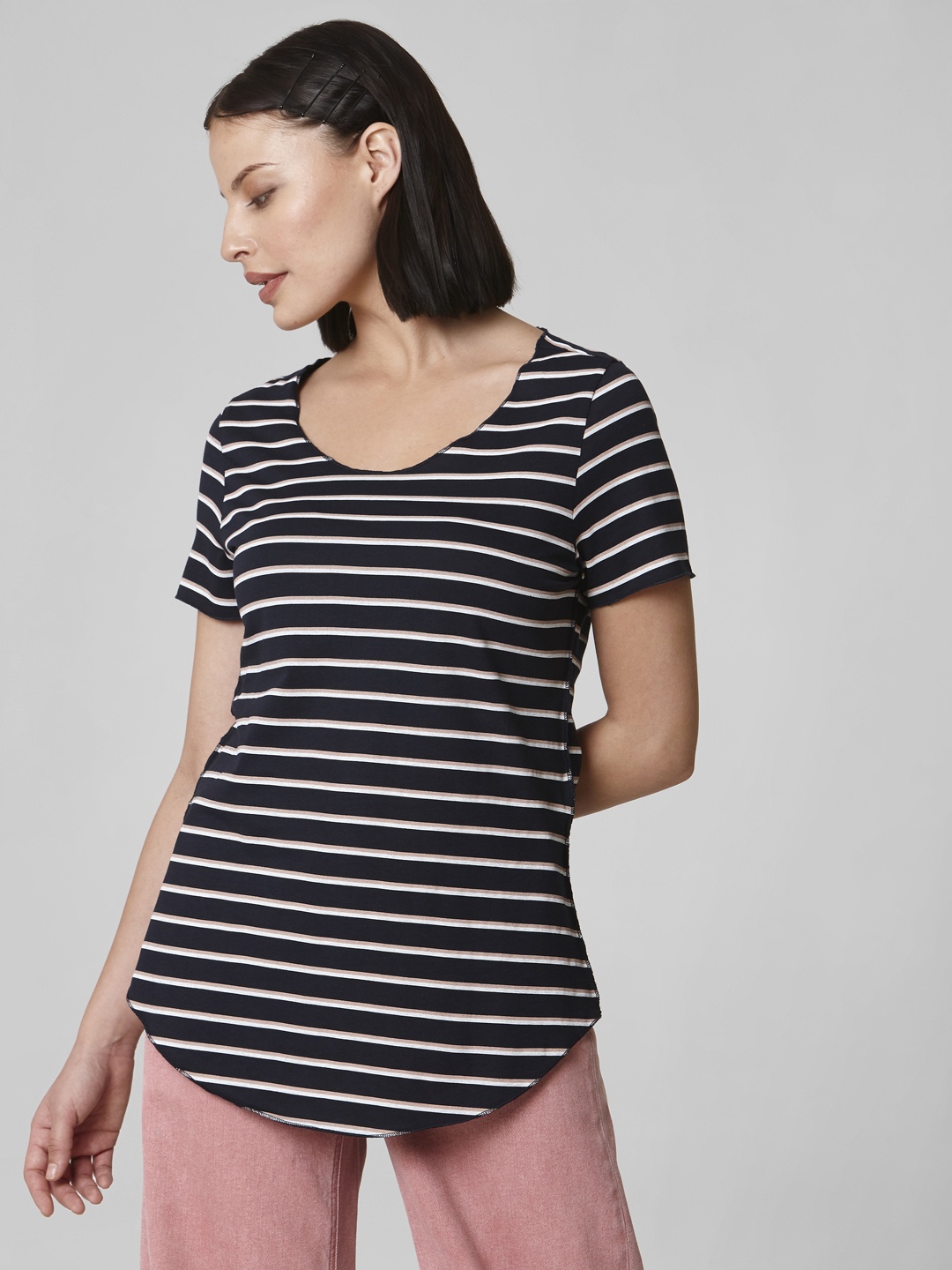 

Vero Moda Women Navy Blue & White Striped Organic Cotton T-shirt