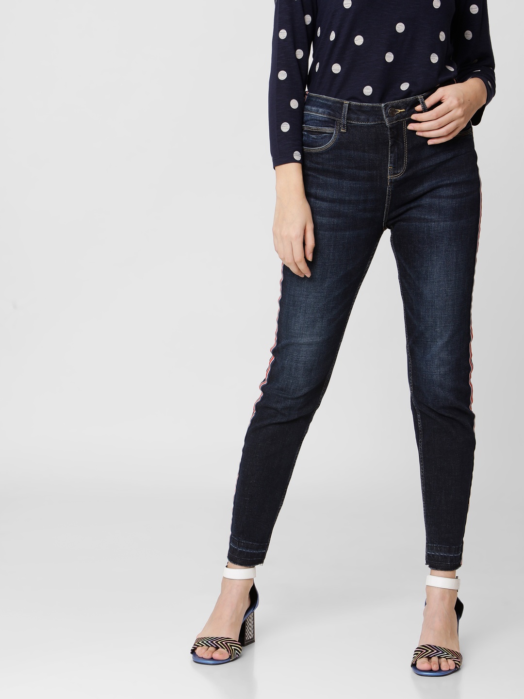

Vero Moda Women Navy Blue Dark Washed Slim Fit Stretchable Jeans with Side Taping Detail