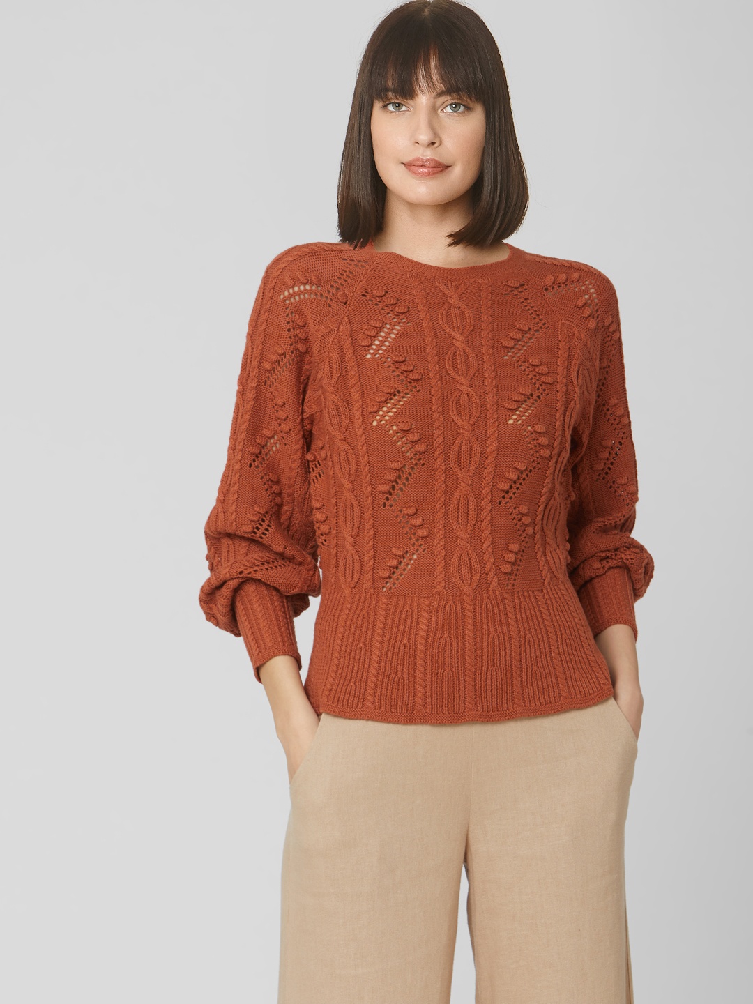 

Vero Moda Women Rust Brown Cable Knit Pullover Sweater