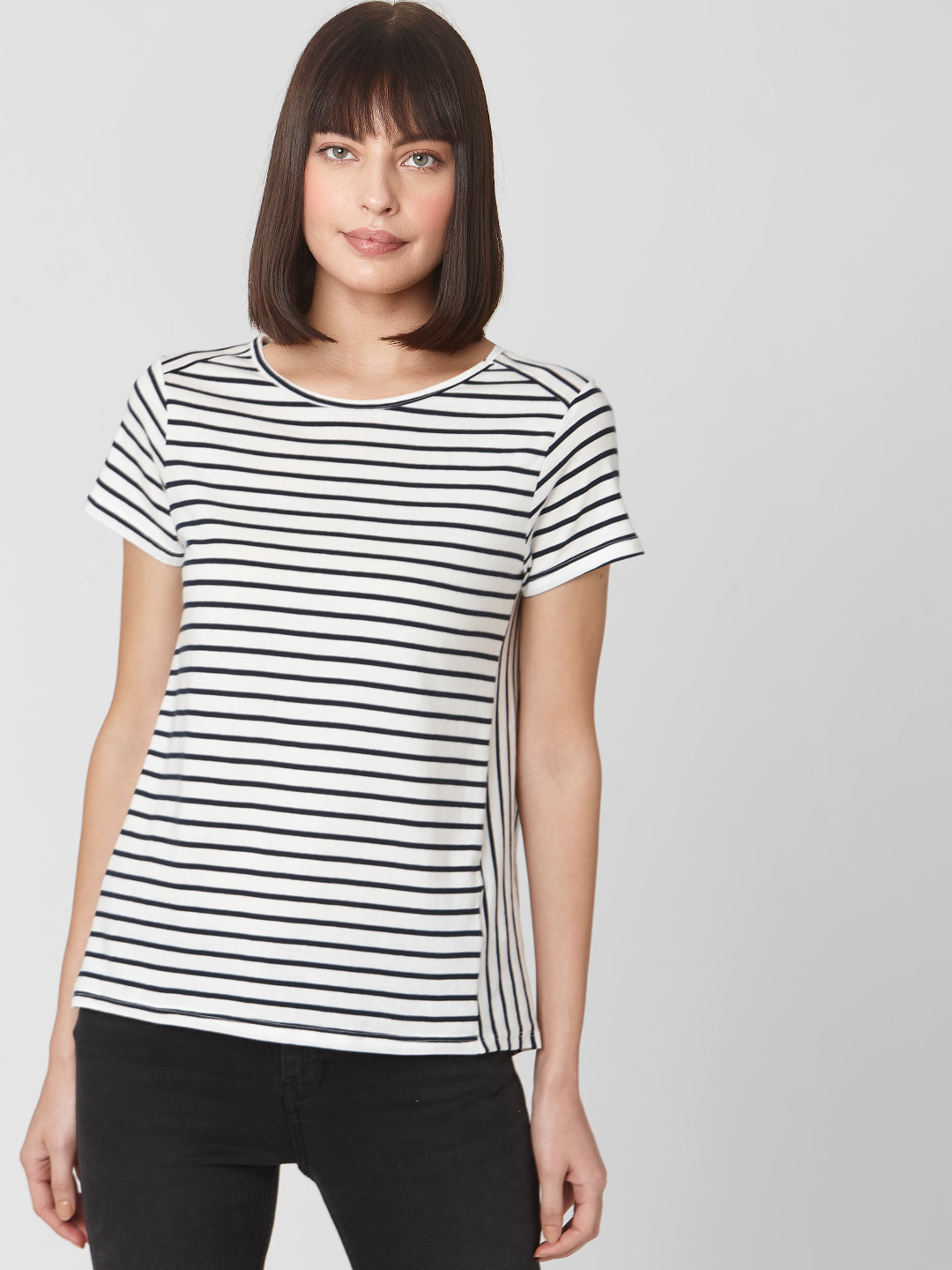 

Vero Moda Women White Black Striped Round Neck Organic Cotton T-shirt