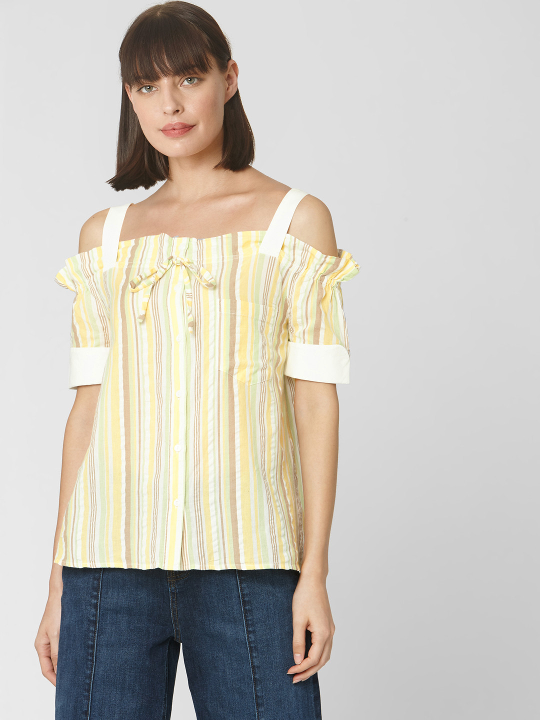 

Vero Moda Women Off-White & Yellow Striped Cotton Bardot Top