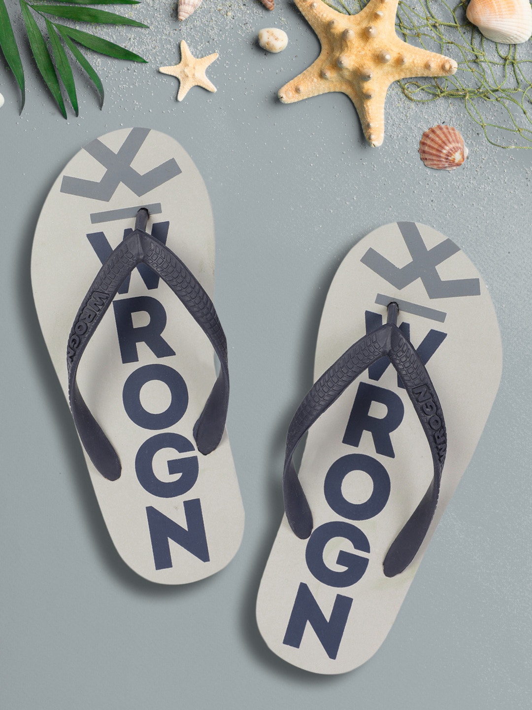 

WROGN Men Grey & Navy Blue Printed Thong Flip-Flops