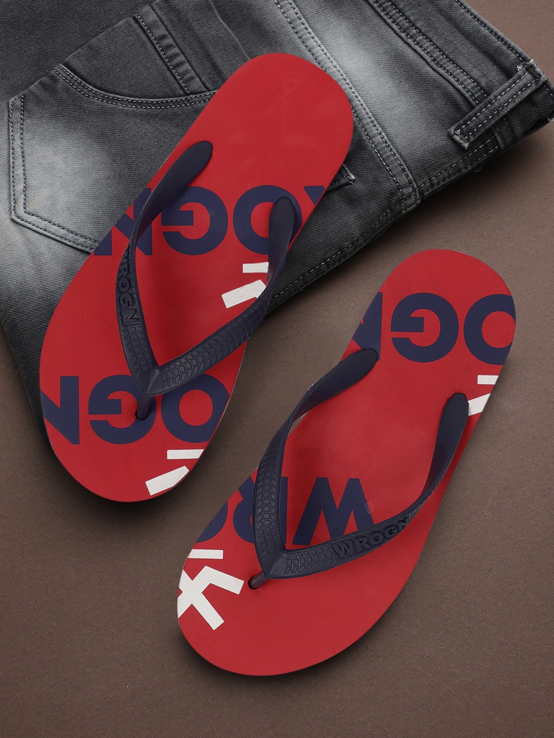 

WROGN Men Blue & Red Printed Thong Flip-Flops