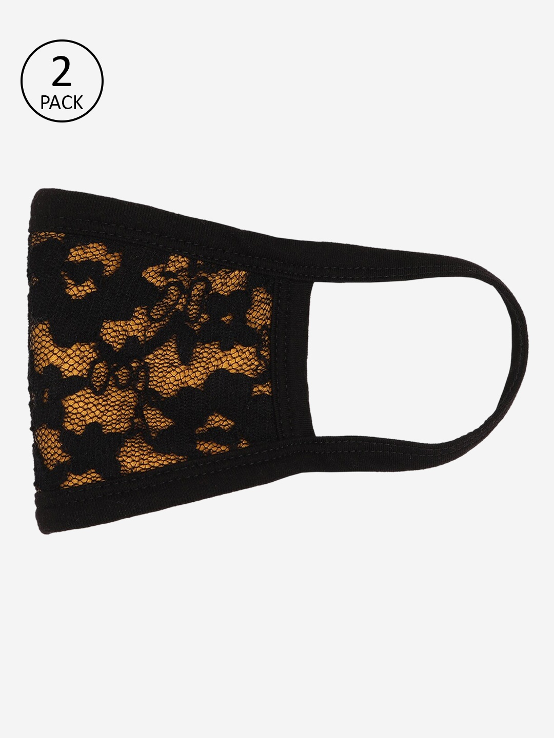 

Skidlers Women Pack of 2 Black & Mustard Yellow Lace 2-Layer Reusable Cloth Masks