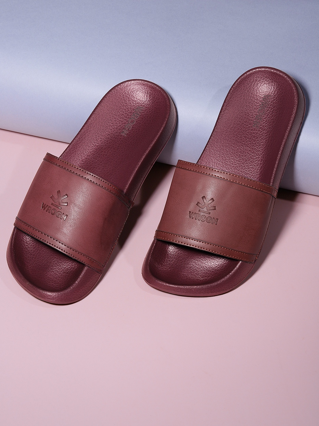 

WROGN Men Burgundy Solid Sliders with Brand Logo Detail
